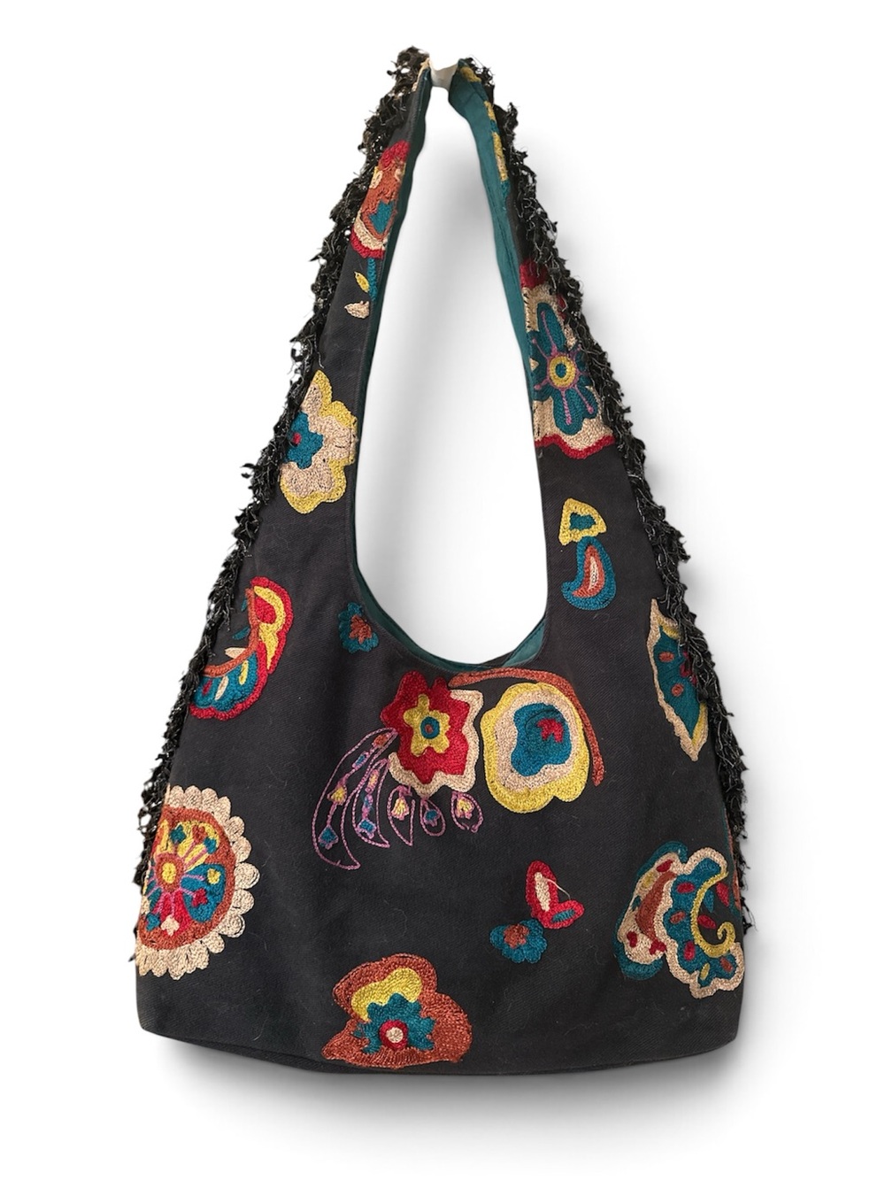 Boho Black Embroidered Floral Shoulder Bag